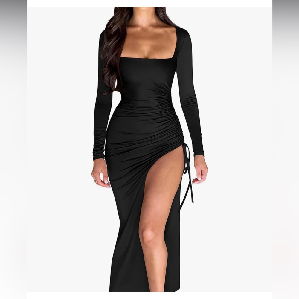 Women's Square Neck Long Sleeve Split Drawstring Bodycon Ruched Long Maxi Dress